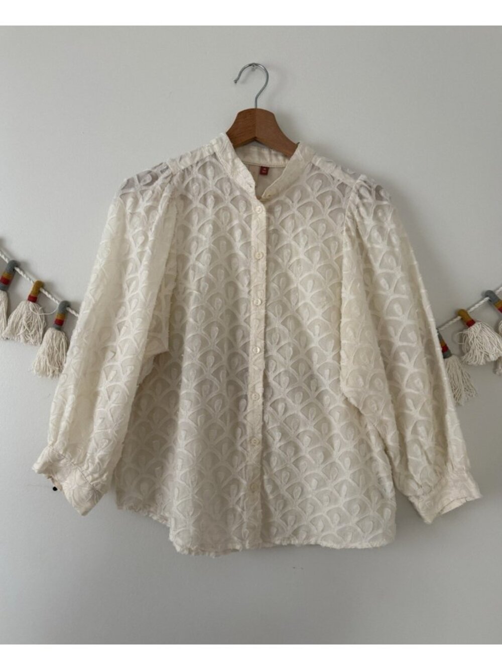 Anthropologie Pilcro Geometric Balloon Sleeve Button Front Top Ivory Cottage XS